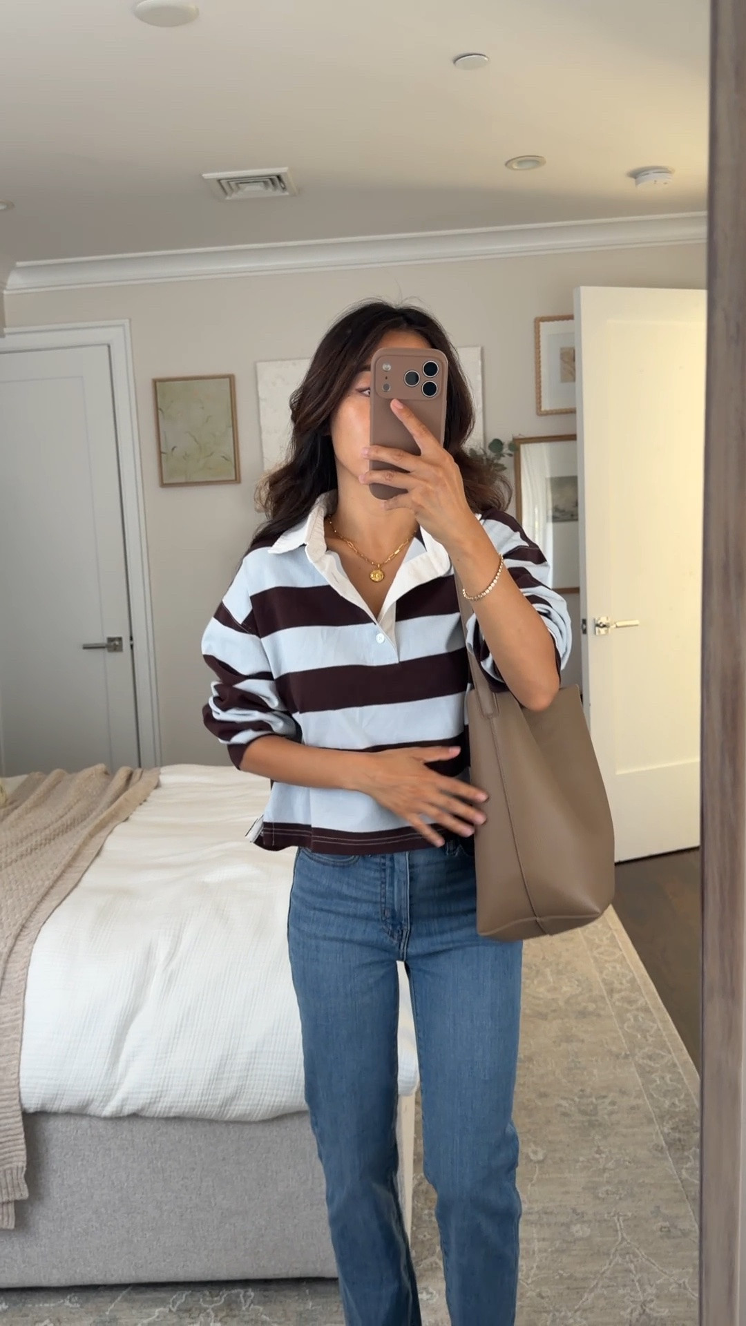 40% off frame jeans 24 Petite slim fit on me, linked other frame petite on sale 
• polo shirt XS very oversized wider cropped fit 
• kitten heels 5.5 
• quince bag smaller size 

Easy mom fall outfits , petite jeans , nordstorm sale