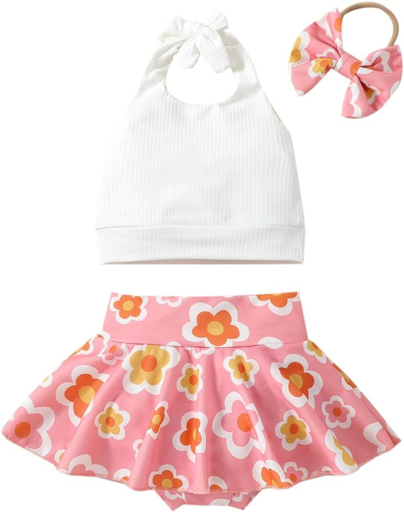 Madjtlqy Toddler Baby Girls Clothes Outfit Set Halterneck Backless Vest Tops + Flower Print Short... | Amazon (US)