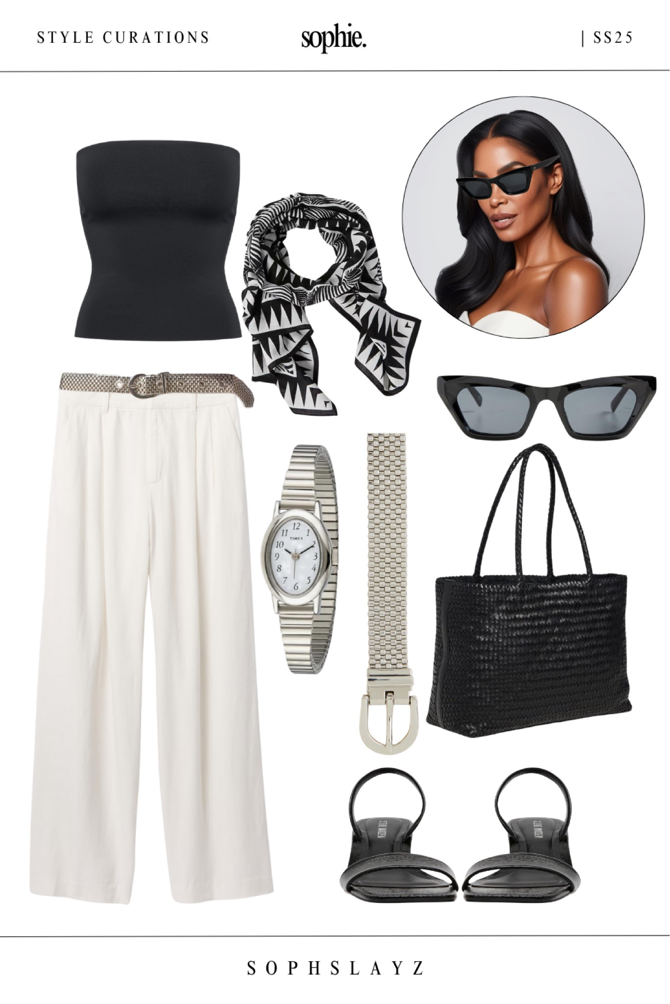Capsule meets cool. This look from my SS25 summer capsule wardrobe is built around summer wardrobe essentials: a strapless black top, white linen pants, and strappy black sandals—accessorized with a silver metallic belt, oversized black woven bag, and bold printed scarf. Perfect for travel days or casual dinners. Full summer capsule linked on my profile. 

#LTKStyleTip #LTKSummerEdit #LTKOver40