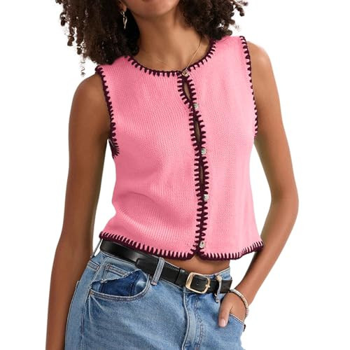 Prilin Vest Tops for Women- 2024 Fall Cute Knit Sweater Vest Button Down Crochet Crop Top Pink-S | Amazon (US)
