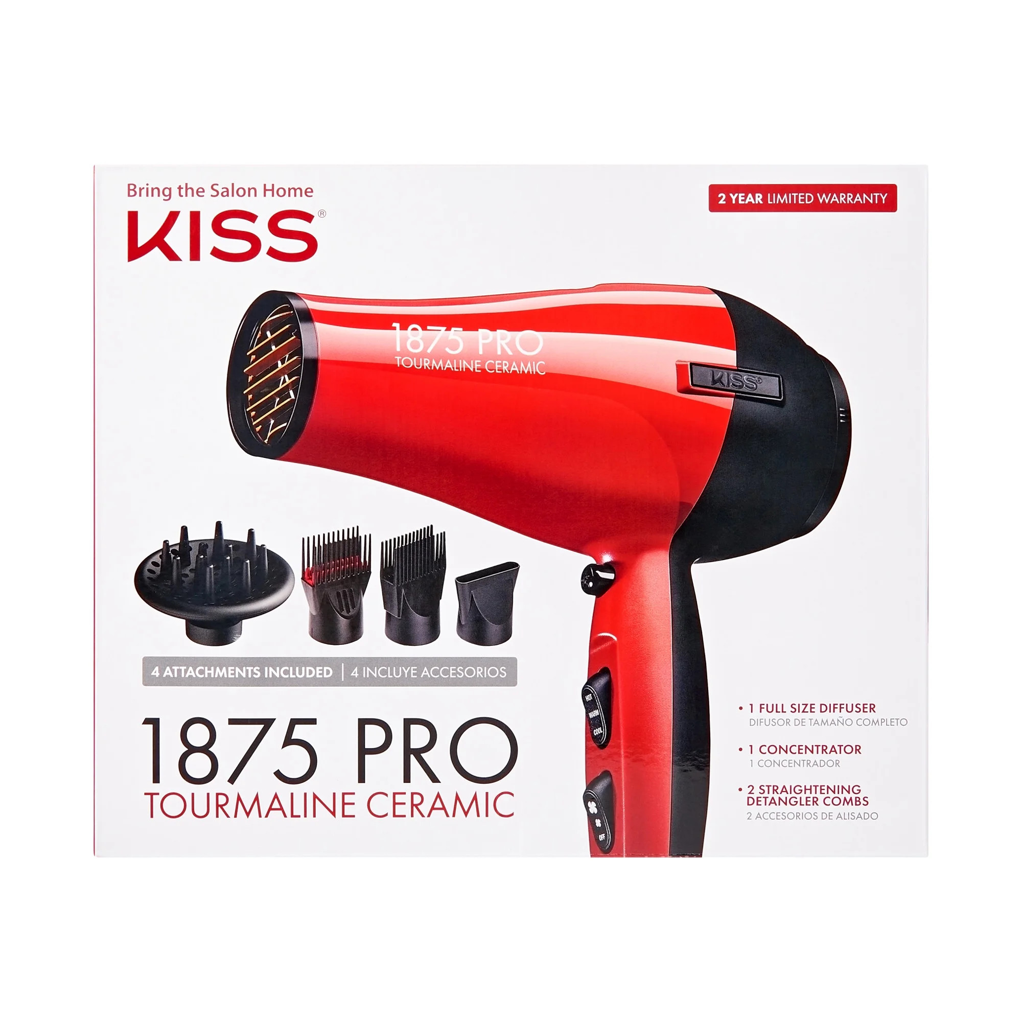 KISS Red Tourmaline Ceramic Hair Dryer with 4 Additional Styling Attachments, 1875 Watts, Red | Walmart (US)