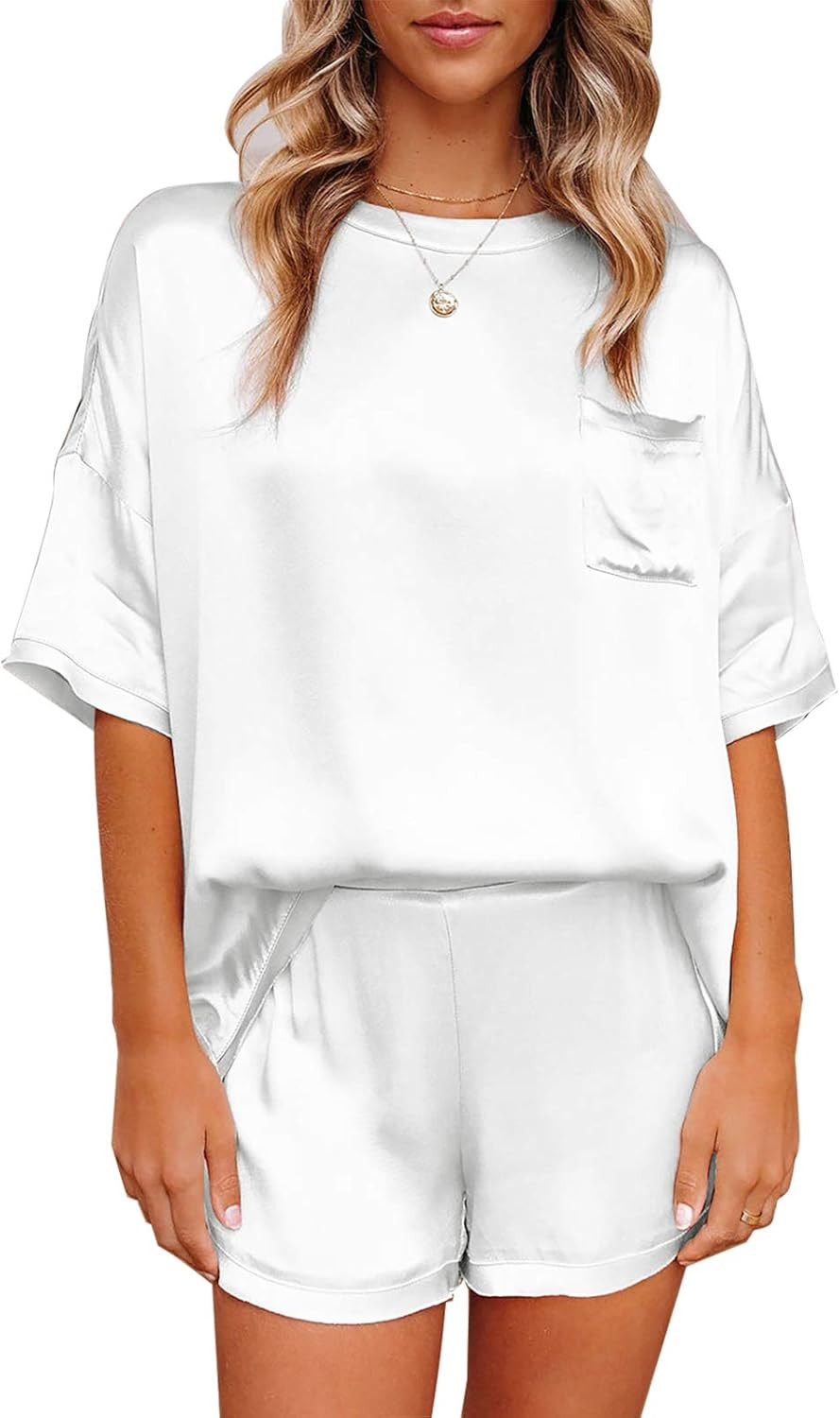 Metietila Women's Silk Satin Pajamas Set Short Sleeve Pj Sets Shorts Sleepwear Loungewear Two-Pie... | Amazon (US)