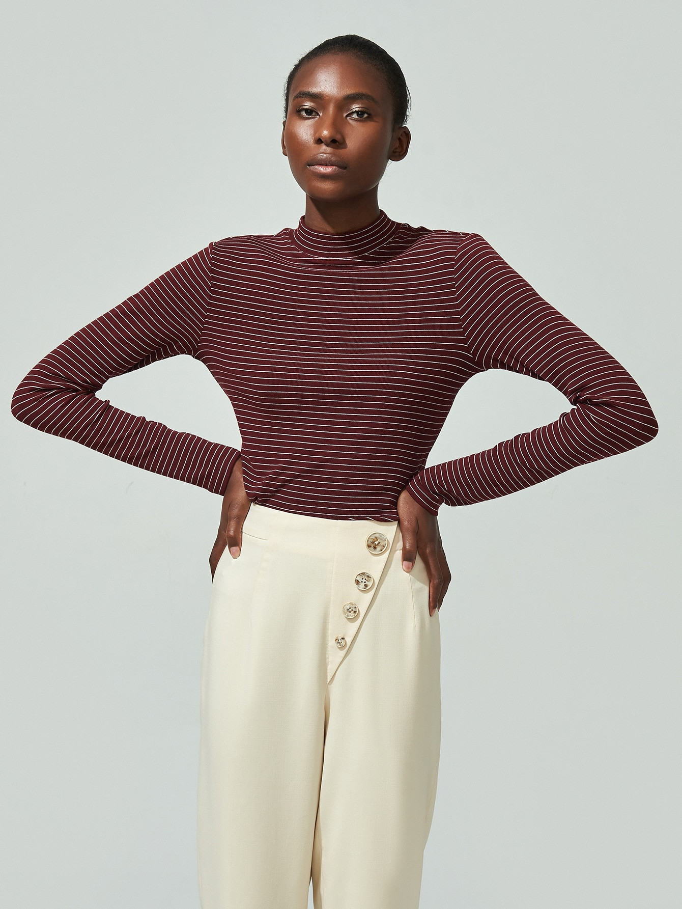 MOTF PREMIUM RAYON FITTED STRIPED STAND COLLAR TOP | SHEIN