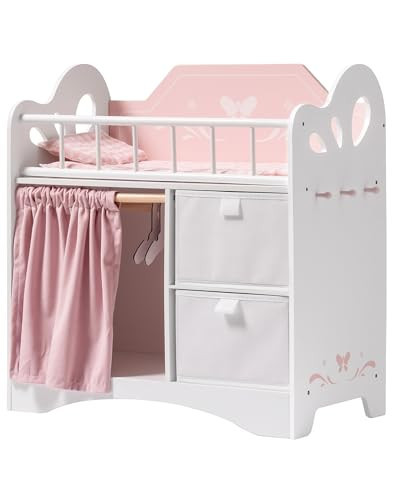 ROBOTIME Baby Doll Crib, Wooden Doll Bed, Toy Baby Crib with Storage, Bedding, and Wooden Hooks, Doll Crib Fits Dolls up to 21", Doll Furniture for American Girls Ages 3+ (Pink) | Amazon (US)