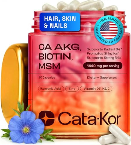 Cata-Kor Hair Skin and Nails Supplement with Biotin | Ca AKG | MSM | Hyaluronic Acid | Vitamin C & Vitamin D3 K2 – Hair Growth Supplements - Promotes Shiny Hair & Radiant Skin – 90 Capsules (1 Pack) | Amazon (US)