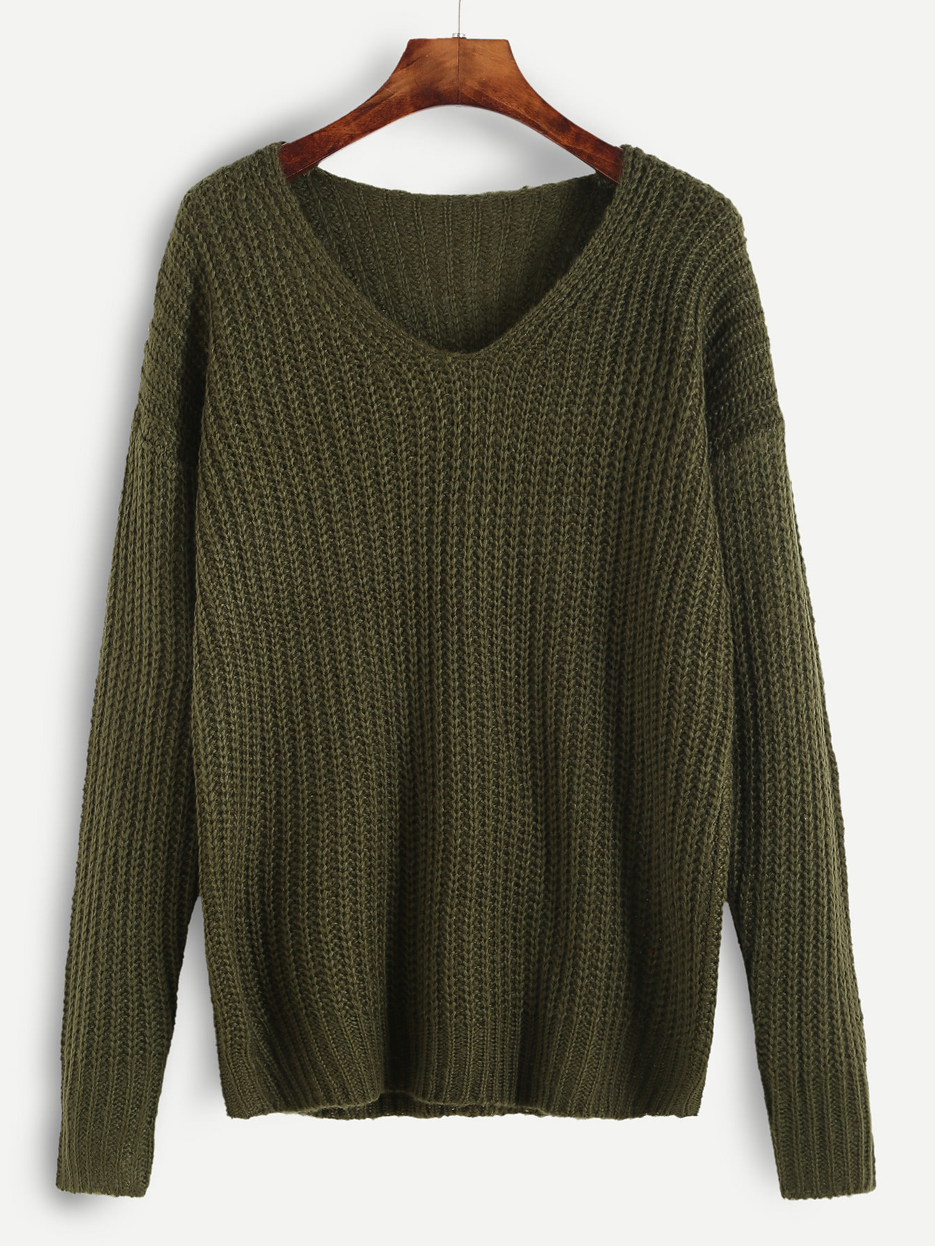 Olive Green Ribbed Knit Drop Shoulder Sweater | SHEIN
