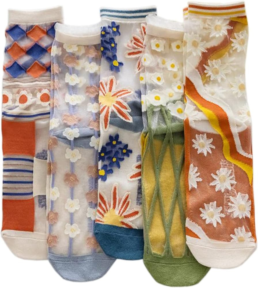 Womens Sheer Socks Fashion Floral Summer Transparent Thin Mesh Lace Elastic Jacquard Crystal Glas... | Amazon (US)