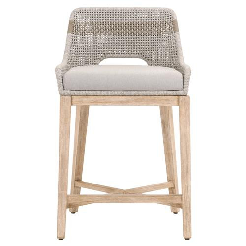 Theodore Coastal Beach Woven Grey Upholstered Brown Mahogany Frame Counter Stool | Kathy Kuo Home