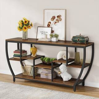 Benjamin 71 in. Brown Rectangle Wood Console Table with 3-Tier Storage, Extra Long Entryway Table Sofa Table | The Home Depot