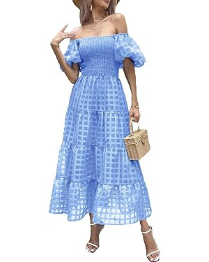 PRETTYGARDEN Women's Casual Summer Midi Dress Puffy Short Sleeve Square Neck Smocked Tiered Ruffl... | Amazon (US)