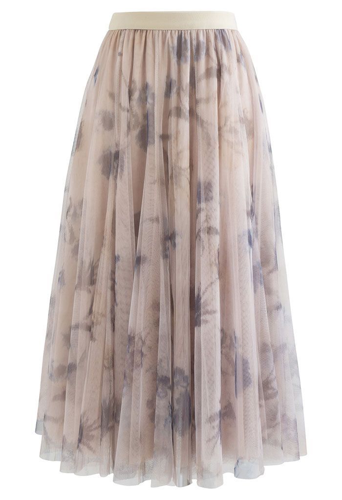 Inky Floral Double-Layered Mesh Tulle Midi Skirt | Chicwish