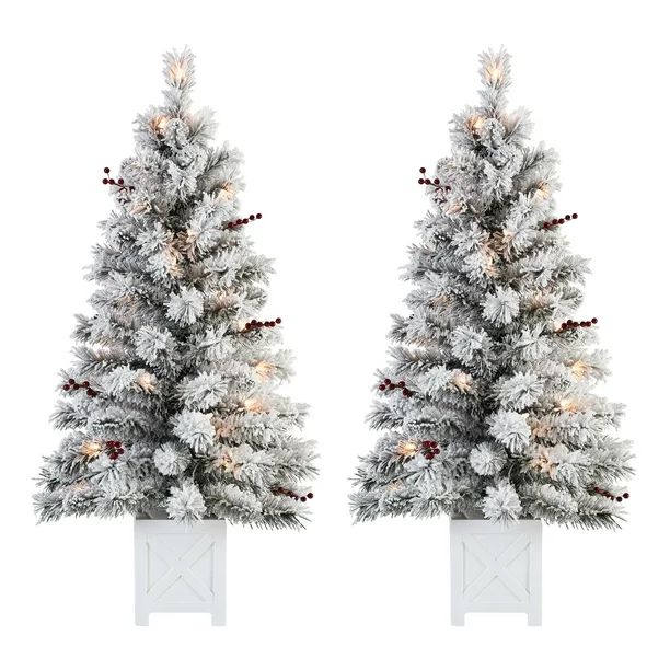 Holiday Time Pre-Lit Flocked Potted Tree Christmas Decoration, Set of 2, Warm White | Walmart (US)