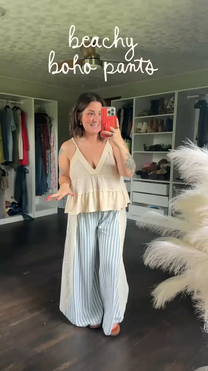 🌞 LOVE these beachy flowy pants for summer! & this knit peplum top matches the crochet eyelit details PERFECT! Wearing a medium in bottoms & large in top!!

#LTKSeasonal #LTKMidsize #LTKBeauty