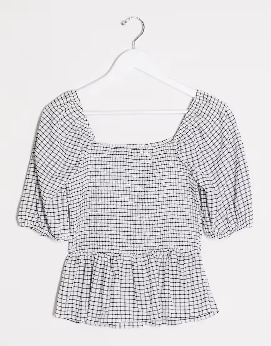 Vero Moda shirred smock top in white check-Multi | ASOS (Global)