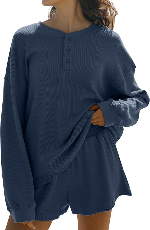 Women Waffle Knit Lounge Set Oversized Henley Sweatshirt and High Waist Resort Shorts 2 Piece Out... | Amazon (US)