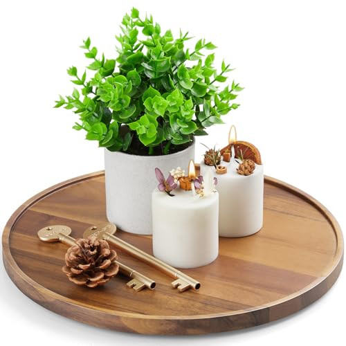12 Inch Acacia Wood Round Tray, Wooden Decorative Serving Coffee Table Tray Centerpiece Candle Holder for Farmhouse Kitchen Dining Room Home Decor Coffee Table Decor and Accessories | Amazon (US)
