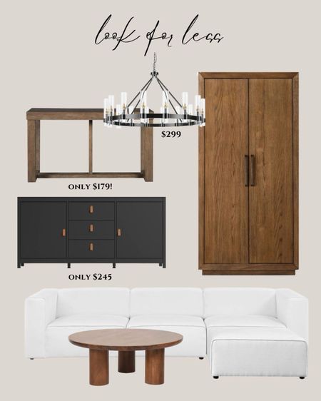 Amazon designer inspired:
Natural wood console table. Black chandelier traditional. Natural wood armoire. Black cabinet. White sectional modern. Natural wood coffee table.

#LTKsalealert #LTKhome