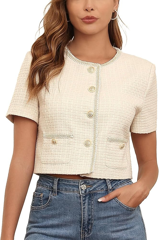 M.Infisavo 2025 Women's Cropped Tweed Blazer Short Sleeve Elegant Round Neck Open Front Cardigan ... | Amazon (US)