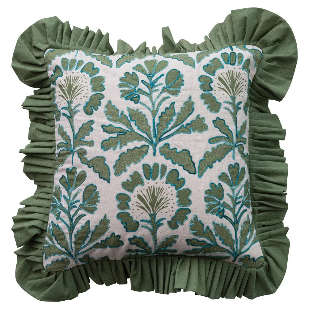 Alyana Updated Traditional Green Cotton Embroidered Floral Throw Pillow - 18x18 | Kathy Kuo Home