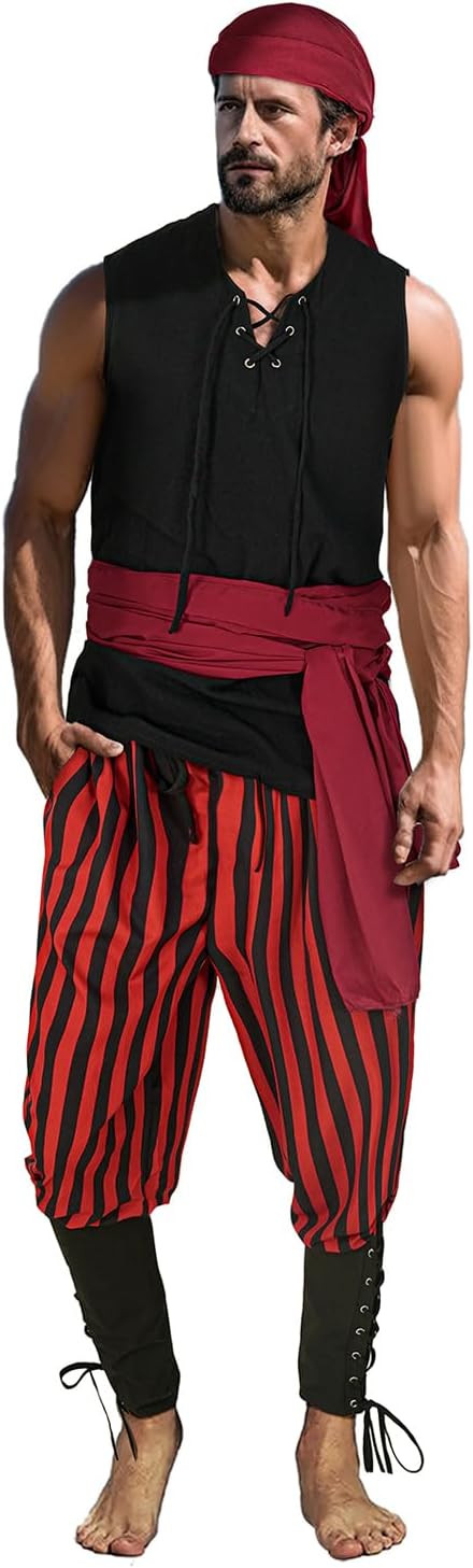 Mens 4 Pcs Pirate Costume Outfit Medieval Renaissance Costume Halloween Viking Costume | Amazon (US)