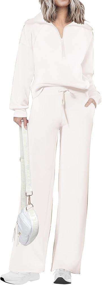 PRETTYGARDEN Women's 2 Piece Outfits Casual Lapel Half Zip Sweatshirts And Wide Leg Pants Tracksu... | Amazon (CA)