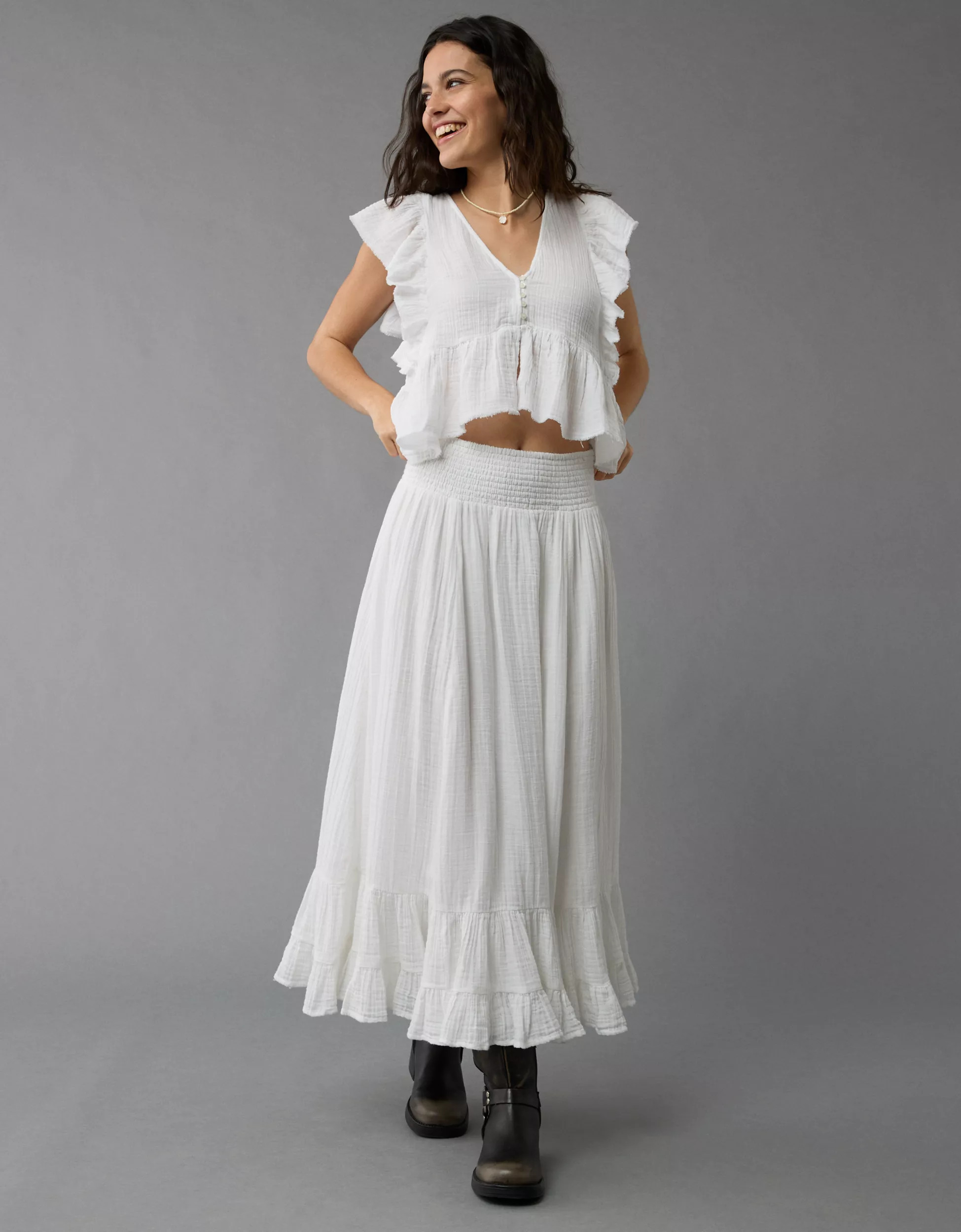 AE High-Waisted Tiered Maxi Skirt | American Eagle Outfitters (US & CA)