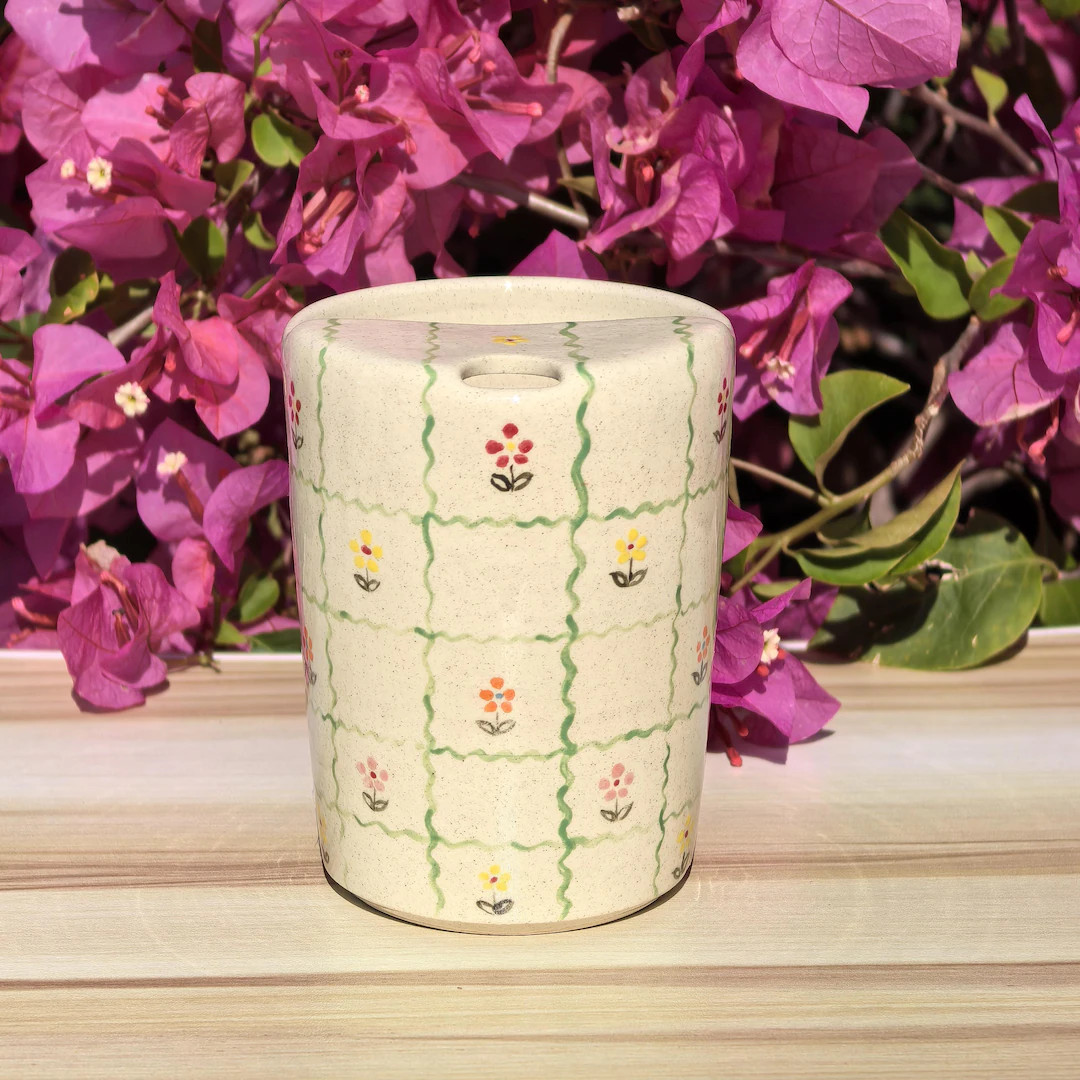Cozy Floral Grid Ceramic Travel Mug with Lid, Ceramic Coffee Mug, Ceramic Travel Mug Half Lid, Bi... | Etsy (Global)