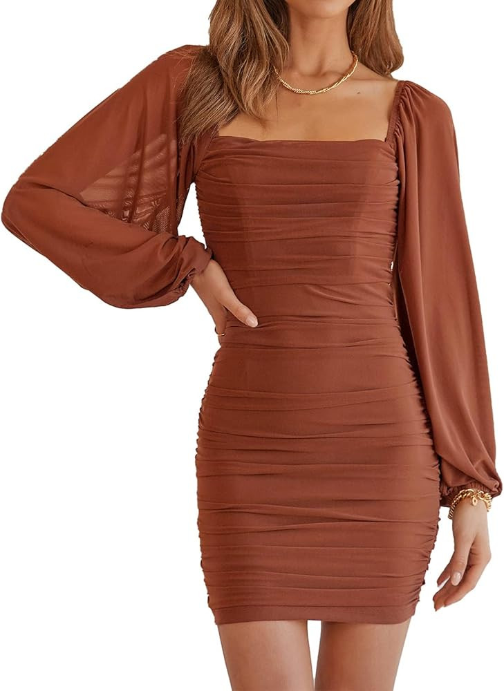 MASCOMODA Women Elegant Square Neck Lantern Long Sleeve Mini Ruched Bodycon Dress Stretch Mesh Sl... | Amazon (US)