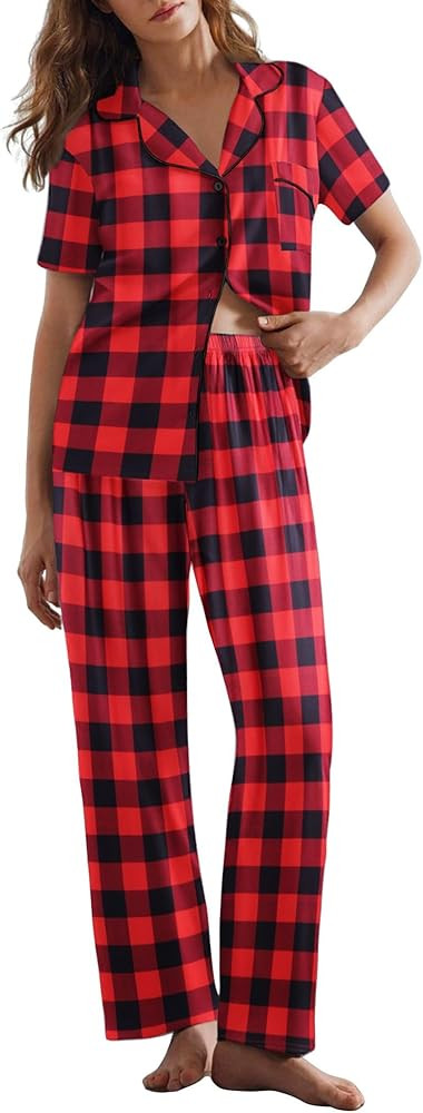 Ekouaer Womens Pajamas Set Plaid PJs Soft Button Down Sleepwear Short Sleeve Nightwear with Long ... | Amazon (US)