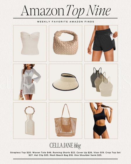 Cella Jane Amazon top nine favorites from the week. A lot of vacation style for our upcoming warm weather trip! Knit strapless top, woven tote, running shorts, cover up, visor, crop top set, hat clip, mesh tote, one piece swimsuit  

#LTKswim #LTKtravel #LTKstyletip
