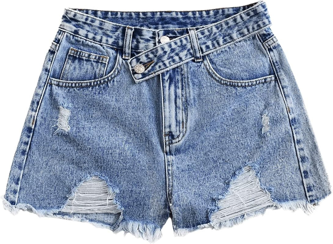 SweatyRocks Women's Casual High Waist Raw Hem Ripped Denim Jean Shorts with Pocket | Amazon (US)