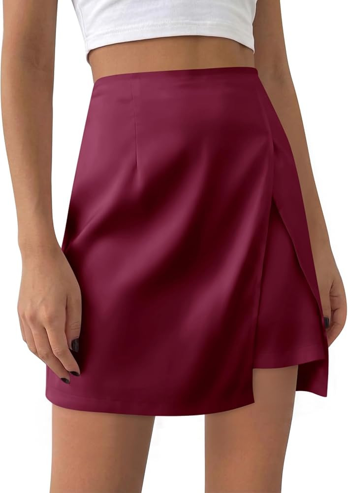 Cicy Bell Womens Satin Mini Skirt Casual High Waisted Side Slit A-line Work Skirts with Shorts | Amazon (US)