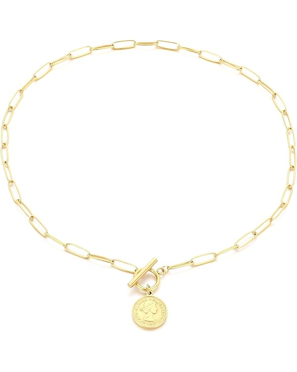 Gold Coin Pendant Necklace for Women, Paperclip Chain with Toggle Clasp Elizabeth Medallion Vinta... | Amazon (US)