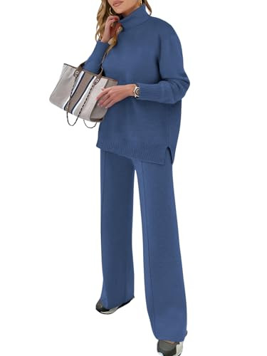 ANRABESS Womens 2 Piece Outfits Sweater Sets Loose Turtlenck Knit Pullover Top Wide Leg Pants 2024 Fall Lounge Sweatsuits Blue Medium | Amazon (US)