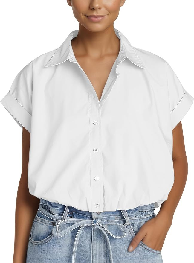 MISSACTIVER Women's Cropped Bubble Shirt Lapel Collar Button Down Boxy Shirt Summer Casual Cap Sl... | Amazon (US)
