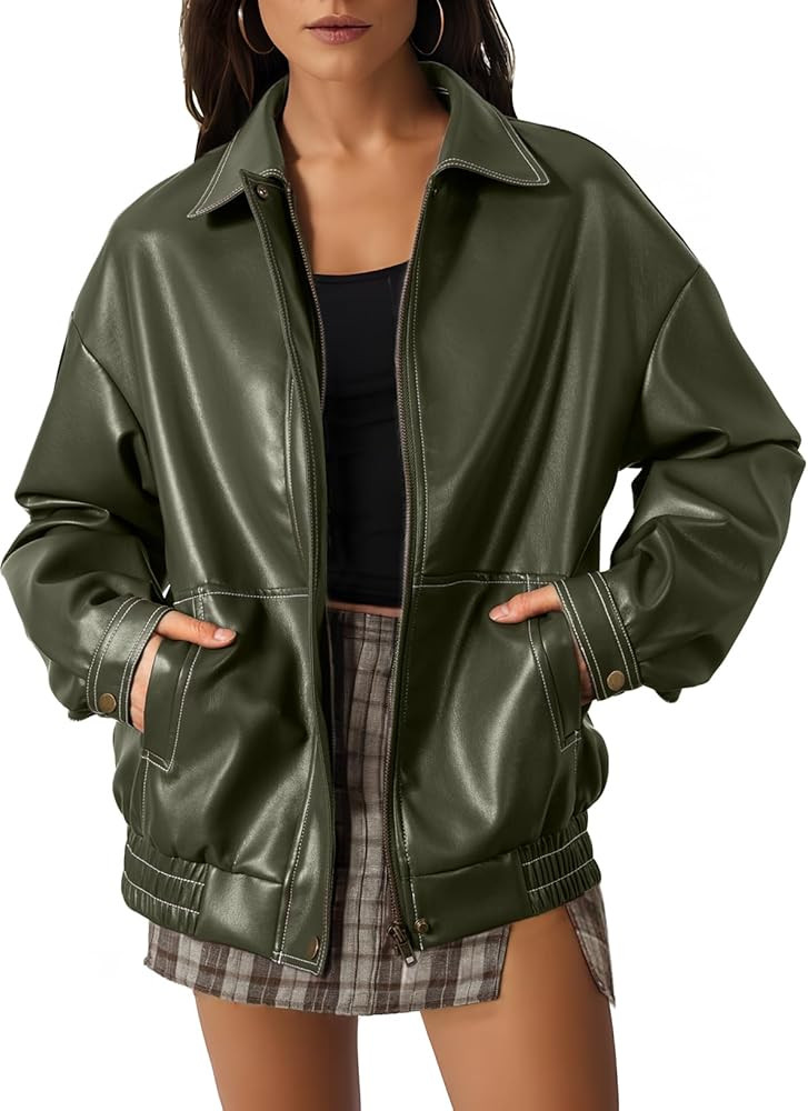 EVALESS Leather Jacket Women Faux Motorcycle Coats Fashion Oversized Bomber Zip Up Jackets Trendy... | Amazon (US)