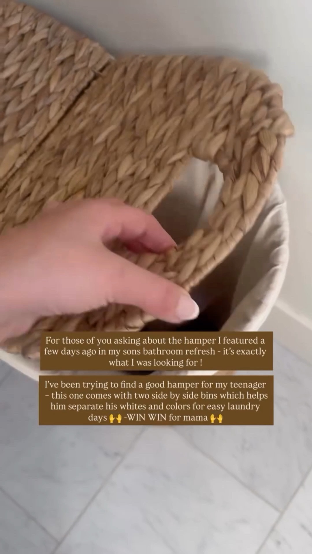 For those of you asking about the hamper I featured a few days ago in my sons bathroom refresh - it’s exactly what I was looking for ! 

I’ve been trying to find a good hamper for my teenager
 – this one comes with two side by side bins which helps him separate his whites and colors for easy laundry days 🙌 -WIN WIN for mama 🙌