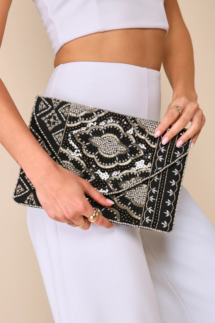 Etched in Stone Black Beaded Clutch | Lulus