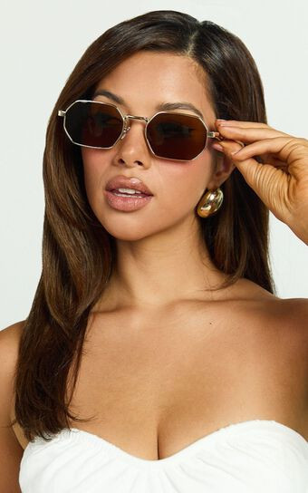 Zita Sunglasses - Octagonal Thin Frame Sunglasses in Brown/Gold | Showpo (US, UK & Europe)