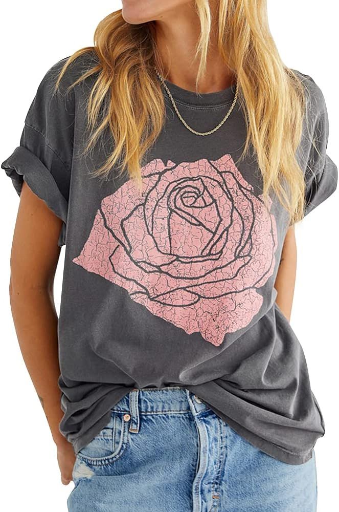 Womens Rose Graphic Tee T Shirt Loose Fit Summer Short Sleeve Casual Boyfriend Crew Neck Tops | Amazon (US)