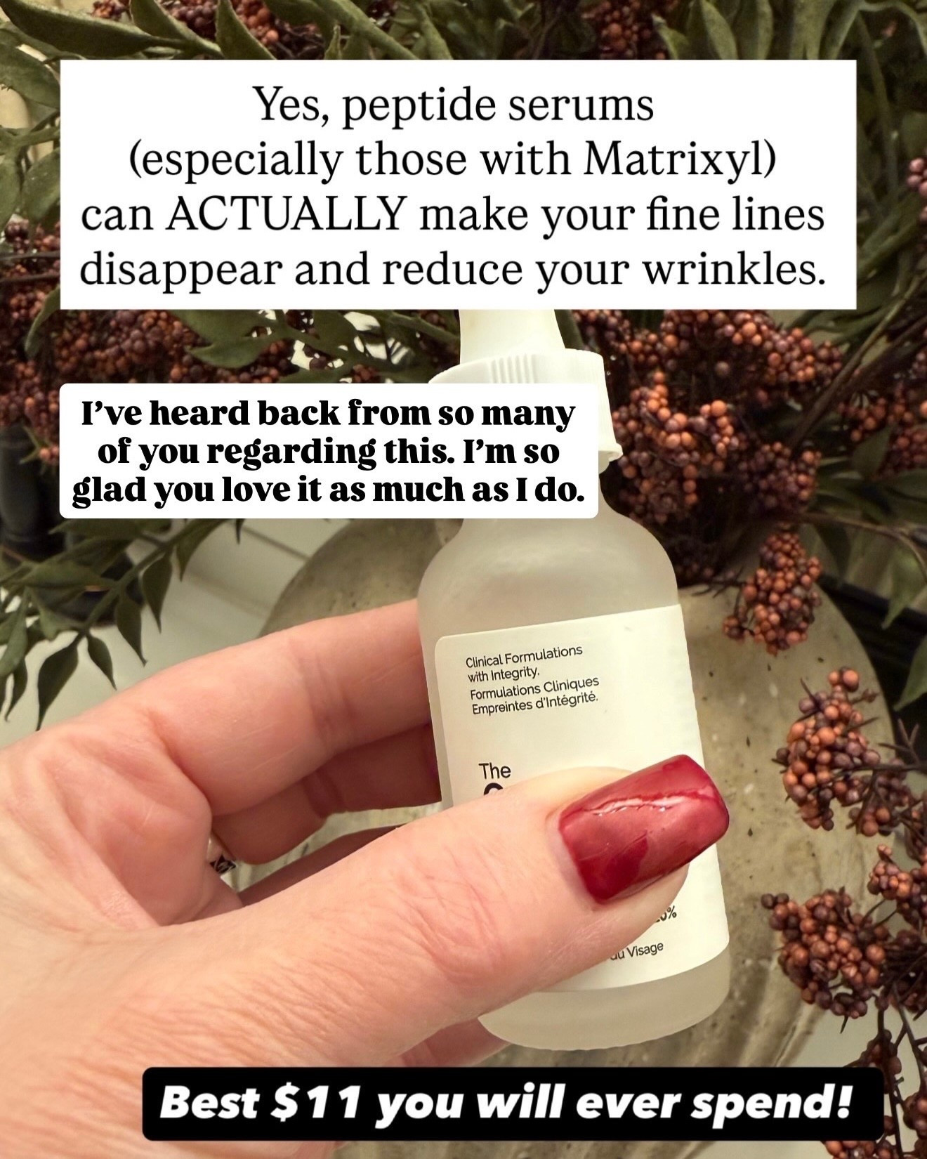 Affordable Peptide Serum That Smooths Fine Lines (Under $11)

Follow @farmtotablecreations on Instagram.

This peptide serum has been such a good, budget-friendly find—especially if you’re looking to soften fine lines and give your skin a smoother look. Lightweight, easy to layer, and one of those products that feels way more high-end than the price.

#skincare | #serum | #peptides | #beautyfinds | #skincareroutine

#LTKOver40 #LTKBeauty #LTKgrwm