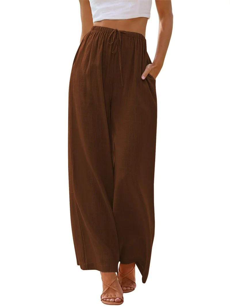 TEMOFON Pants for Women Wide Leg Linen Pant Palazzo Summer Casual Flowy Pants with Pocket Caramel... | Walmart (US)