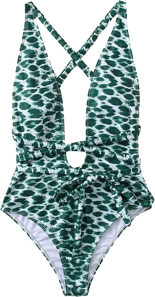 SweatyRocks Women's Sexy Bathing Suits Criss Cross Tie Knot Front Deep V Open Back Leopard One Piece | Amazon (US)