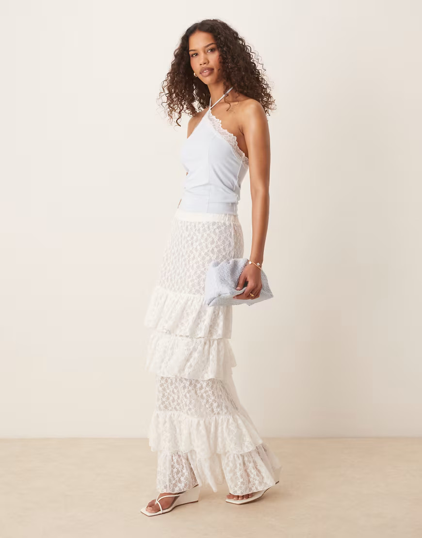 ASOS DESIGN lace tiered maxi skirt in white | ASOS (Global)