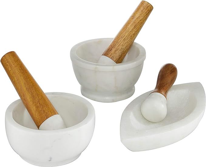 3 Pcs Marble Mortar and Pestle Set with Wooden Handle White 6 X 7 5 Multi Color Stoneware | Amazon (US)