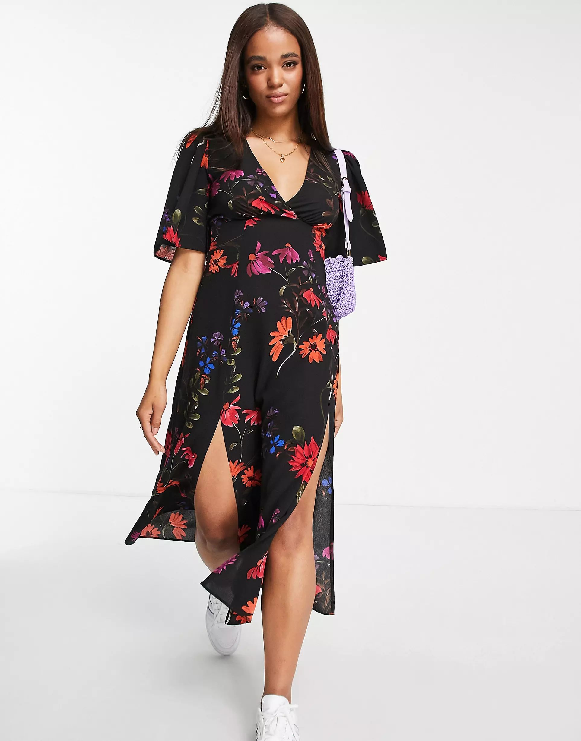 ASOS DESIGN angel sleeve midi dress in black floral print | ASOS (Global)