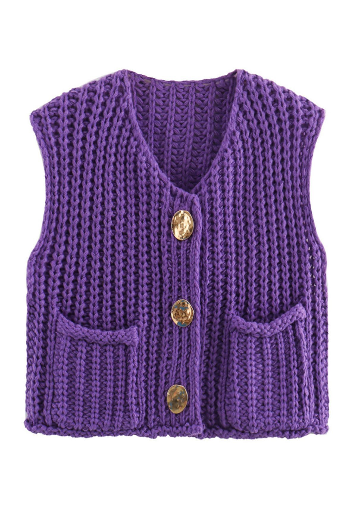 Bold Golden Buttons Patch Pocket Chunky Knit Vest in Purple | Chicwish