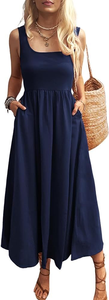 MIEAZOM Women's Maxi Dress Summer Sleeveless Swing Sundress Casual Loose Tank Long Dresses with P... | Amazon (US)