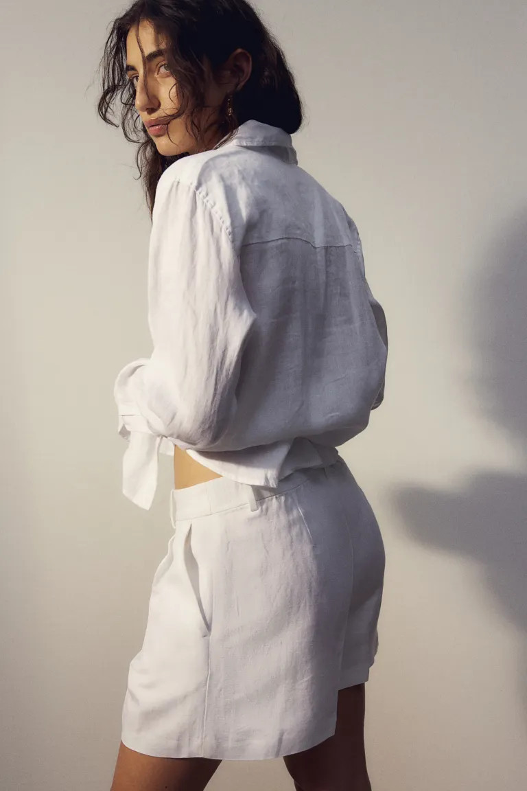 Linen-blend Shorts - High waist - Short - Black - Ladies | H&M US | H&M (US + CA)