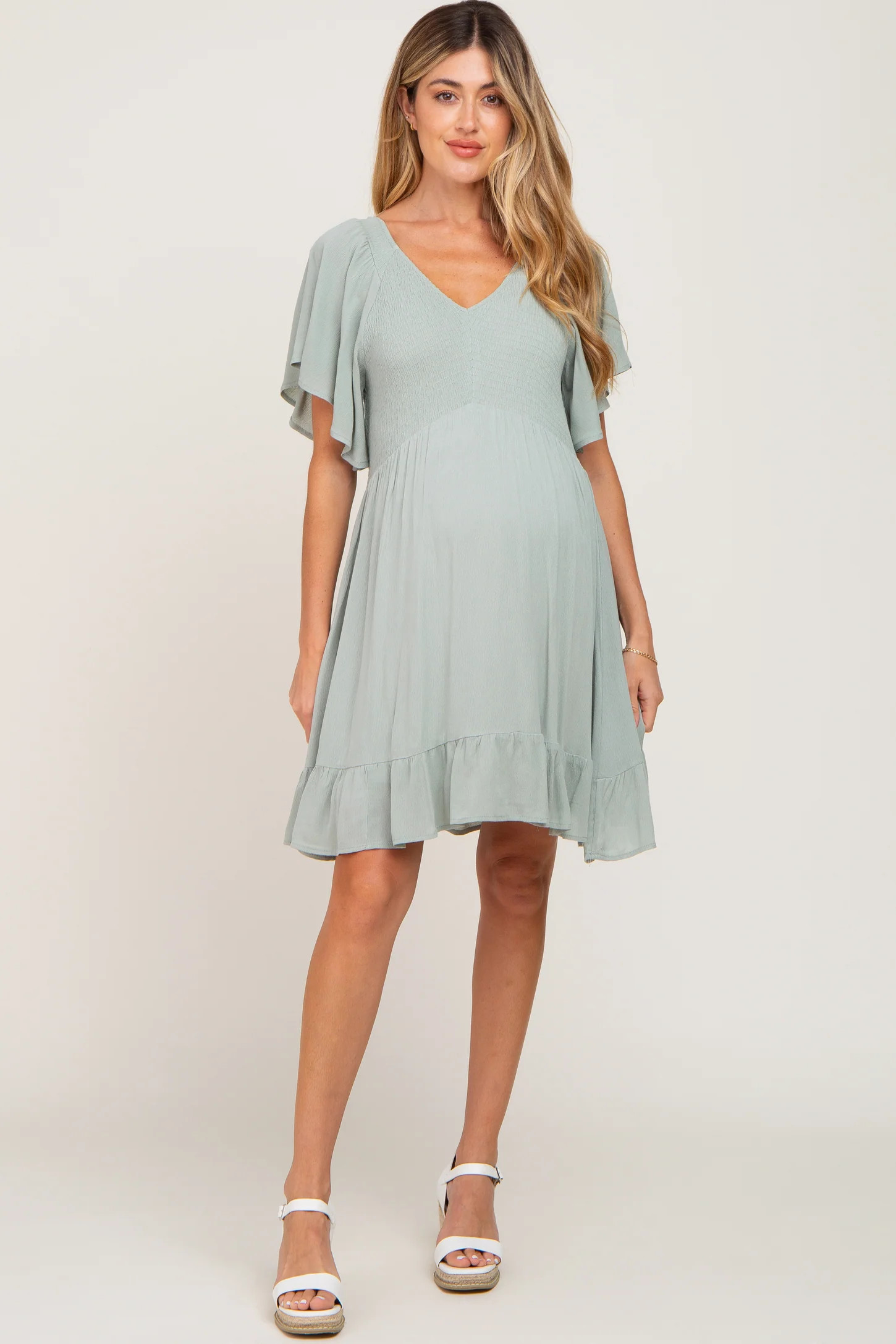 Sage Smocked Front Ruffle Hem Maternity Dress | PinkBlush Maternity